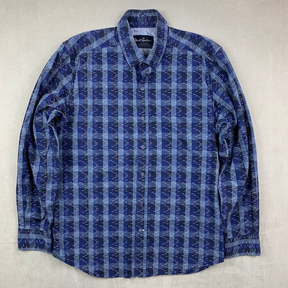 Robert Graham Mens Shirt Large Blue Plaid Button Up Long Sleeve Tailored Stretch